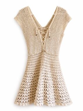 Crochet Lace-Up V-Neck Cream Dress – Size Small EUC